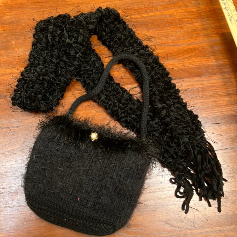 Set of 2: purse, black with pearl closure Handknit/felted. Also 62” knit scarf.